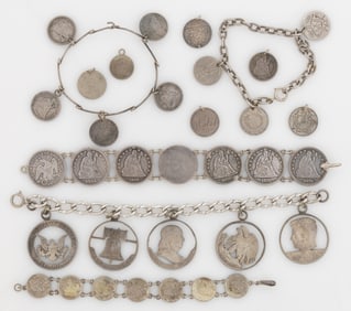 VICTORIAN / ANTIQUE AND VINTAGE LOVE TOKEN / COIN CHARMS AND CHARM BRACELETS, LOT OF 11