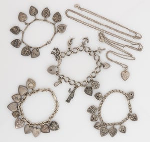ANTIQUE / VINTAGE STERLING AND OTHER SILVER NECKLACE AND CHARM BRACELETS, LOT OF FIVE