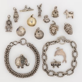 ANTIQUE / VINTAGE STERLING AND OTHER SILVER BRACELETS AND CHARMS / PENDANTS, LOT OF 17