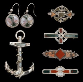 VICTORIAN / ANTIQUE "SCOTTISH" STONE AND STERLING / OTHER SILVER JEWELRY, LOT OF SEVEN PIECES