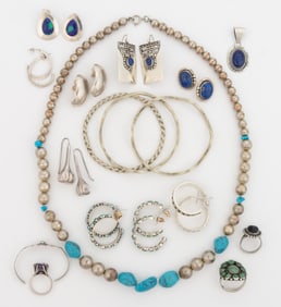 SOUTHWESTERN-STYLE, MEXICAN, AND OTHER STERLING SILVER AND SILVER-TONED JEWELRY, LOT OF 27 PIECES