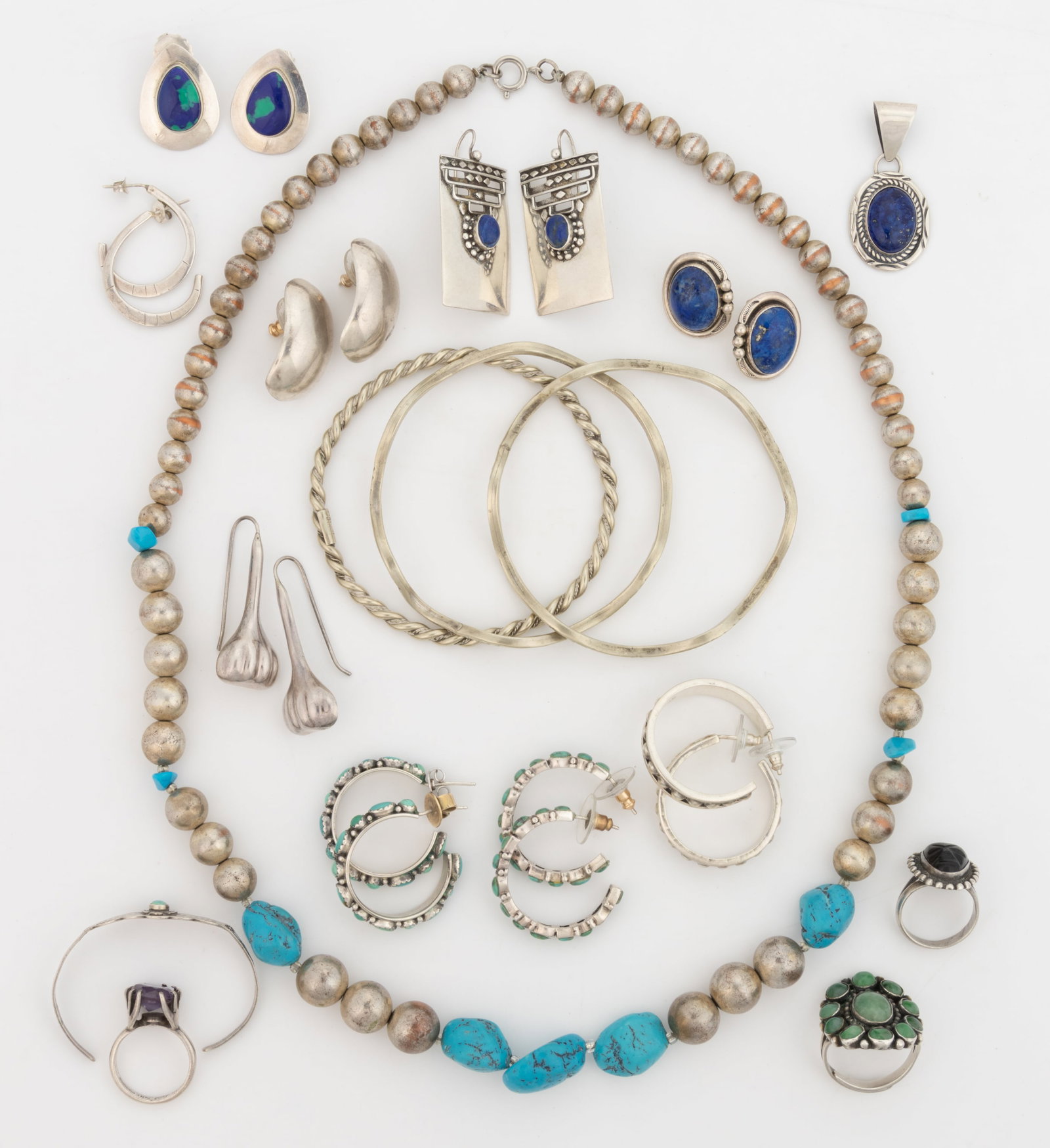 SOUTHWESTERN-STYLE, MEXICAN, AND OTHER STERLING SILVER AND SILVER-TONED JEWELRY, LOT OF 27 PIECES: SOUTHWESTERN-STYLE, MEXICAN, AND OTHER STERLING SILVER AND SILVER-TONED JEWELRY, LOT OF 27 PIECES, comprising a Native American-style necklace with silver-toned and turquoise-type beads, an assembled 