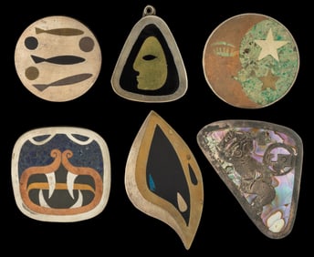 VINTAGE MEXICAN INLAID STERLING SILVER BROOCHES AND PENDANTS, LOT OF SIX