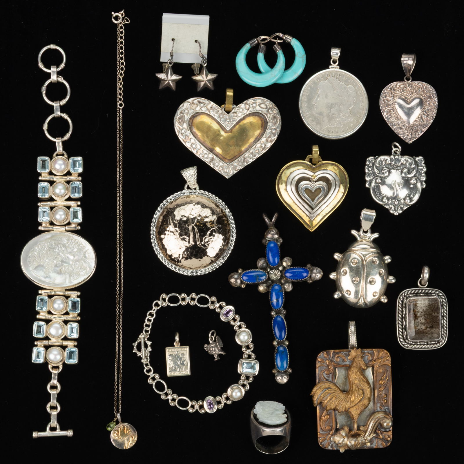 VINTAGE / CONTEMPORARY STERLING SILVER FIGURAL AND OTHER JEWELRY, LOT OF 20 PIECES: VINTAGE / CONTEMPORARY STERLING SILVER FIGURAL AND OTHER JEWELRY, LOT OF 20 PIECES, including a bracelet with a mother-of-pearl cameo being also set with six pearls and 12 light blue spinel/topaz ston