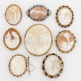 VICTORIAN / ANTIQUE LANDSCAPE CARVED SHELL CAMEO BROOCHES, LOT OF EIGHT