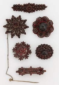 VICTORIAN / ANTIQUE GOLD-FILLED AND OTHER GARNET BROOCHES / PINS, LOT OF SIX