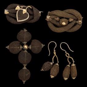 VICTORIAN WOVEN HAIR-WORK MOURNING JEWELRY, LOT OF FIVE PIECES
