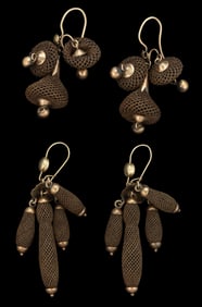 VICTORIAN WOVEN HAIR-WORK MOURNING EARRINGS, TWO PAIRS