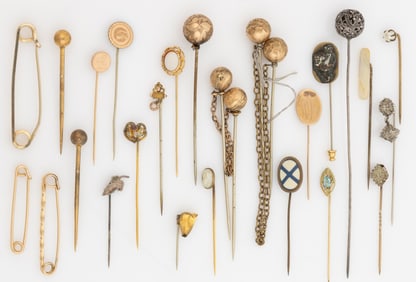 ANTIQUE / VINTAGE GOLD-FILLED AND ASSORTED METALS STICK AND OTHER PINS, LOT OF 25
