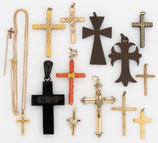 VICTORIAN / ANTIQUE AND VINTAGE CROSS PENDANTS AND STICK PINS, LOT OF 15