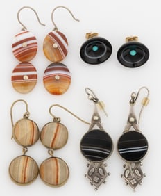 ANTIQUE / VINTAGE AGATE / STONE EARRINGS, FOUR PAIRS