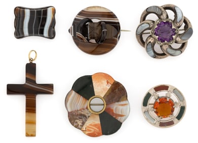 VICTORIAN / ANTIQUE BANDED AGATE AND OTHER STONE JEWELRY, LOT OF SIX