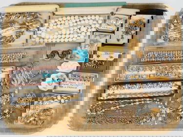 VINTAGE GOLD-TONED, RHINESTONE, AND OTHER COSTUME JEWELRY, LOT OF 53 PIECES