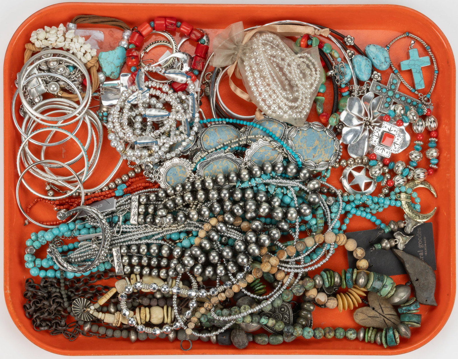 SOUTHWESTERN-STYLE AND OTHER COSTUME JEWELRY, UNCOUNTED LOT: SOUTHWESTERN-STYLE AND OTHER COSTUME JEWELRY, UNCOUNTED LOT, more than 50 pieces, including necklaces, bangle and other bracelets, and earrings, many pieces silver-toned, some with turquoise-colored s