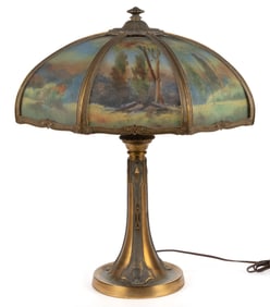 ARTS AND CRAFTS WITH REVERSE PAINTED SHADE ELECTRIC TABLE LAMP