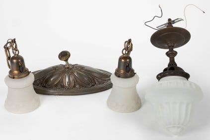 ANTIQUE BRASS AND GLASS HANGING ELECTRIC LAMPS, LOT OF TWO