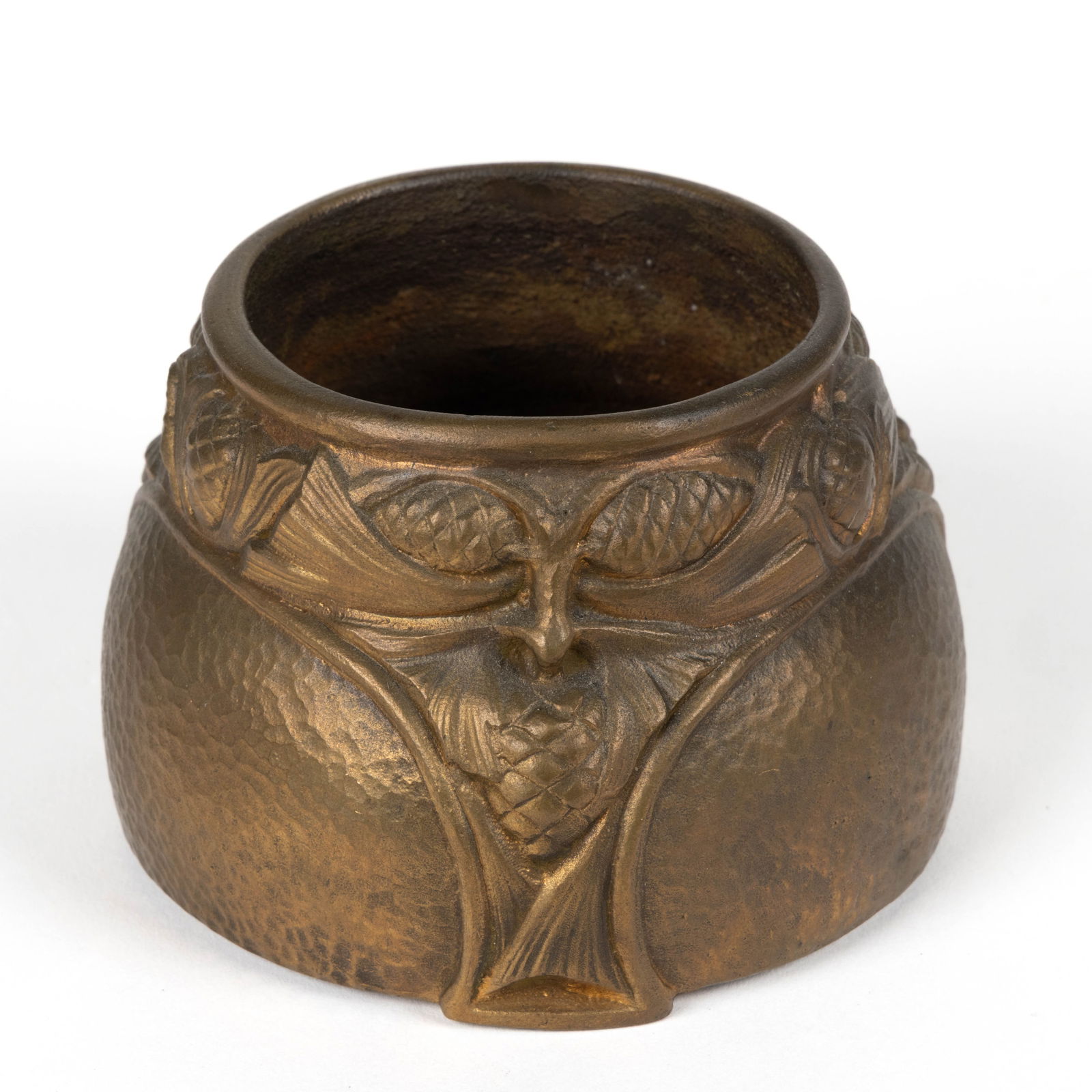 OTTO MEYER FOUNDRY SWEDISH ART NOUVEAU BRONZE VASE: OTTO MEYER FOUNDRY SWEDISH ART NOUVEAU BRONZE VASE, cast-bronze, featuring a stylized pine needle and cone design around three reserves. No foundry markings or signatures located. First quarter 20th c