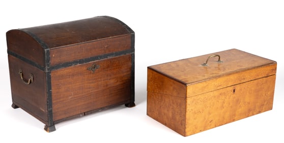 AMERICAN WOODEN LAP DESK AND DIMINUTIVE TRUNK, LOT OF TWO