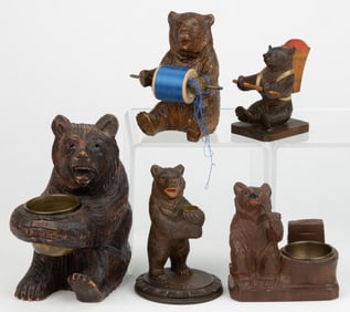 GERMAN / SWISS BLACK FOREST CARVED BEAR SEWING AND SMOKING ACCESSORIES, LOT OF FIVE