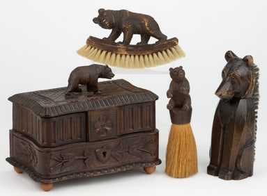 GERMAN / SWISS BLACK FOREST CARVED BEAR BOUDOIR ACCESSORIES, LOT OF FOUR