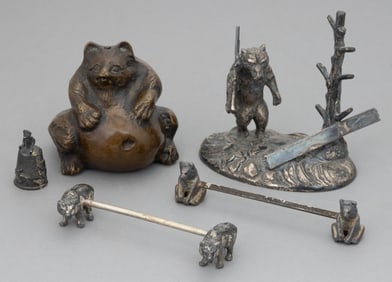 ASSORTED STERLING AND SILVER-PLATED BEAR FIGURAL ARTICLES, LOT OF FOUR