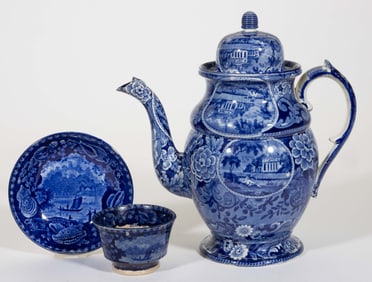 STAFFORDSHIRE AMERICAN VIEW TRANSFER-PRINTED CERAMIC COFFEE / TEA ARTICLES, LOT OF TWO