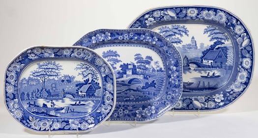 STAFFORDSHIRE TRANSFER-PRINTED RURAL VIEWS CERAMIC PLATTERS, LOT OF THREE