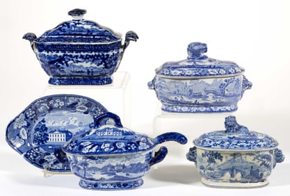 STAFFORDSHIRE BRITISH VIEWS TRANSFER-PRINTED CERAMIC SAUCE TUREENS AND RELATED ARTICLES, LOT OF SIX
