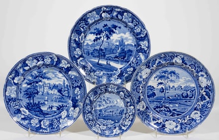 STAFFORDSHIRE ENGLISH VIEWS TRANSFER-PRINTED PLATES, LOT OF FOUR