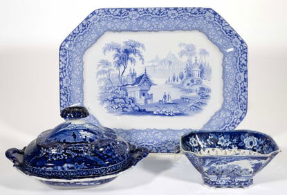 STAFFORDSHIRE TRANSFER-PRINTED TABLE ARTICLES, LOT OF THREE