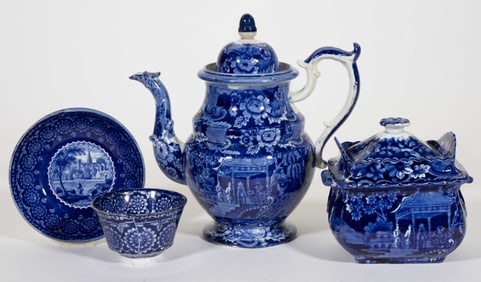 STAFFORDSHIRE TRANSFER-PRINTED CERAMIC COFFEE AND TEA ARTICLES, LOT OF THREE