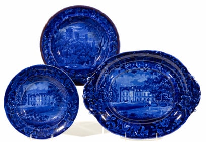STAFFORDSHIRE FRENCH VIEWS TRANSFER-PRINTED CERAMIC TABLE ARTICLES, LOT OF THREE