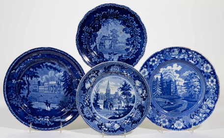 STAFFORDSHIRE ENGLISH VIEWS TRANSFER-PRINTED CERAMIC PLATES, LOT OF FOUR