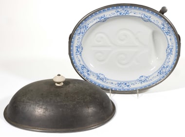 ENGLISH IRONSTONE AND METAL COVERED WELL-AND-TREE WARMING PLATTER