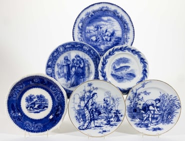 STAFFORDSHIRE FLOW BLUE TRANSFER-PRINTED CERAMIC PLATES, LOT OF SIX