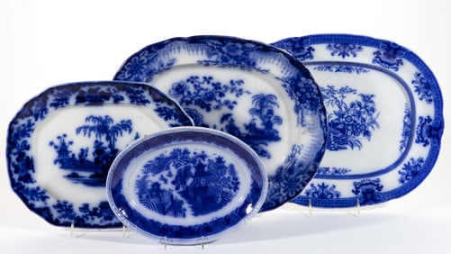 ENGLISH FLOW BLUE IRONSTONE CHINOISERIE MOTIF PLATTERS, LOT OF FOUR