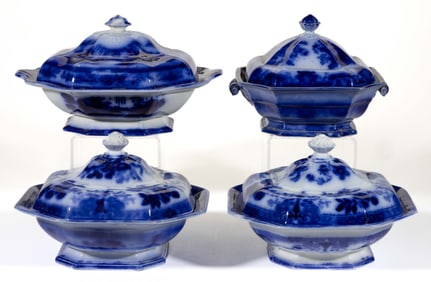 STAFFORDSHIRE FLOW BLUE IRONSTONE COVERED VEGETABLE SERVERS, LOT OF FOUR