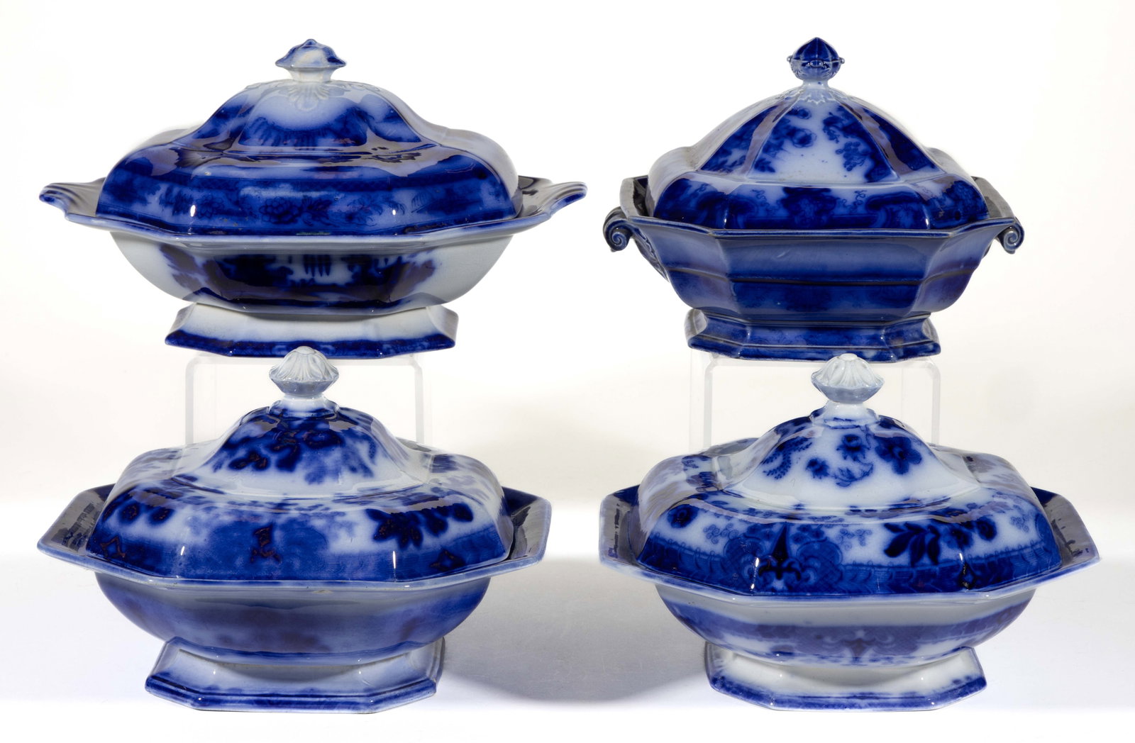 STAFFORDSHIRE FLOW BLUE IRONSTONE COVERED VEGETABLE SERVERS, LOT OF FOUR: STAFFORDSHIRE FLOW BLUE IRONSTONE COVERED VEGETABLE SERVERS, LOT OF FOUR, each of square form with canted corners and dark blue transfer scenes, comprising two having Chinoiserie motif including one h