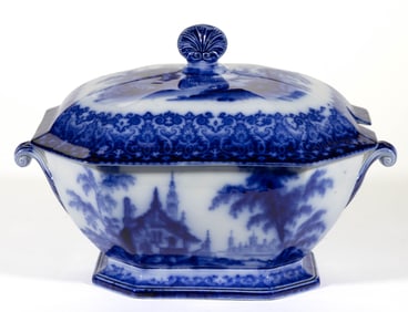 STAFFORDSHIRE FLOW BLUE IRONSTONE "ARABESQUE" COVERED SOUP TUREEN