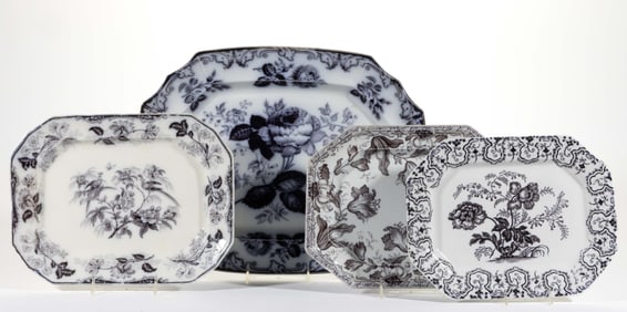 ENGLISH MULBERRY IRONSTONE FLORAL MOTIF PLATTERS, LOT OF FOUR