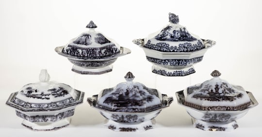 STAFFORDSHIRE FLOW-DECORATED / MULBERRY IRONSTONE SCENIC / CHINOISERIE MOTIF COVERED VEGETABLE