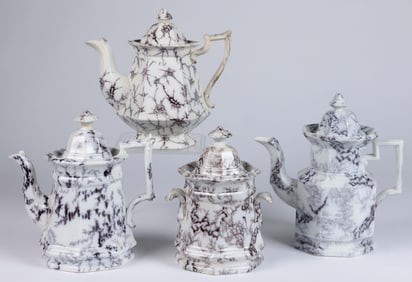 BRITISH MULBERRY IRONSTONE MARBLE MOTIF TEA ARTICLES, LOT OF FOUR