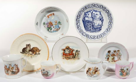 ASSORTED TRANSFER-PRINTED CERAMIC CAT MOTIF ARTICLES, LOT OF NINE