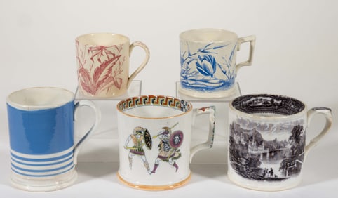 BRITISH TRANSFER-PRINTED AND OTHER DECORATED MUGS, LOT OF FIVE