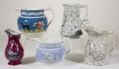 BRITISH DECORATED CERAMIC JUGS / PITCHERS, LOT OF FIVE