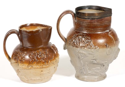 ENGLISH BROWN STONEWARE SPRIG-DECORATED JUGS / PITCHERS, LOT OF TWO