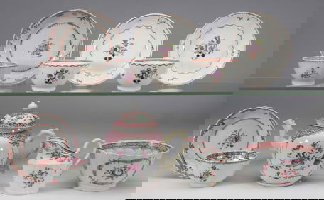 CHINESE EXPORT AND ENGLISH CERAMIC / PORCELAIN HAND-PAINTED ROSE MOTIF TEA ARTICLES, LOT OF SEVEN