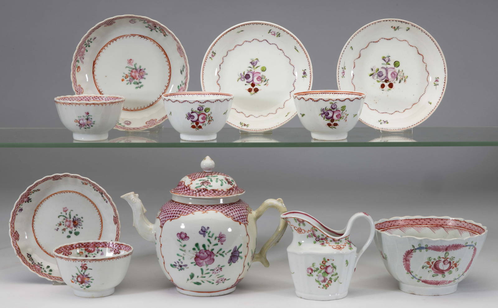 CHINESE EXPORT AND ENGLISH CERAMIC / PORCELAIN HAND-PAINTED ROSE MOTIF TEA ARTICLES, LOT OF SEVEN