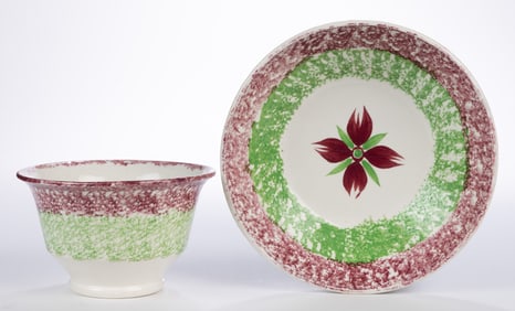 BRITISH SPATTERWARE FLORAL MOTIF CERAMIC CUP AND SAUCER
