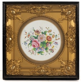 CONTINENTAL HAND-PAINTED FLORAL MOTIF PORCELAIN FRAMED PLAQUE